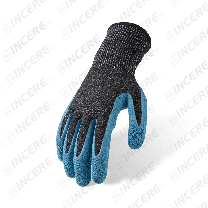 13 Gauge ANSI A6 Cut Resistant Gloves with Blue Latex Crinkle Palm Coating — Abrasion Level 3 Heavy Cut Protection