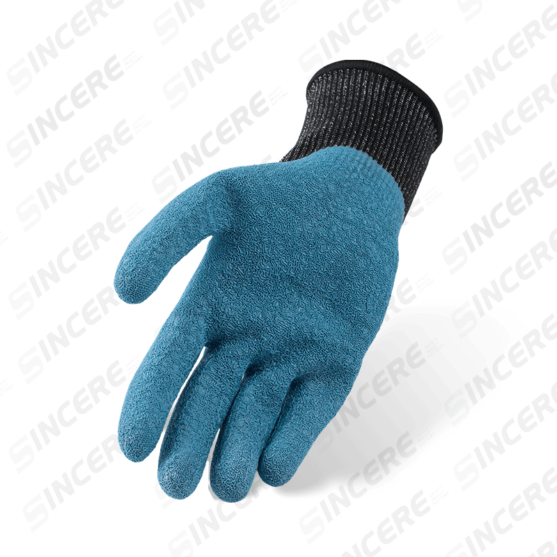 13 Gauge ANSI A6 Cut Resistant Gloves with Blue Latex Crinkle Palm Coating — Abrasion Level 3 Heavy Cut Protection