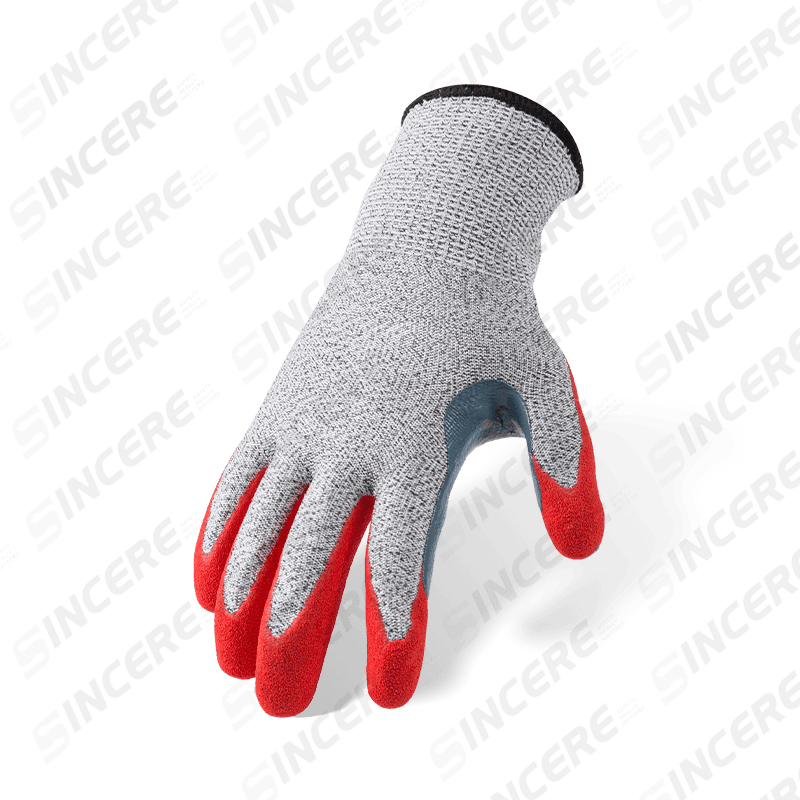 13 Gauge ANSI A3 Cut Resistant Gloves with Red Nitrile Sandy Palm and Extra-Long Reinforced Thumb Crotch