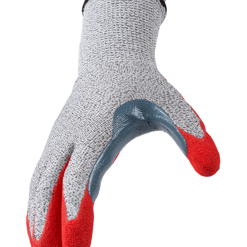 13 Gauge ANSI A3 Cut Resistant Gloves with Red Nitrile Sandy Palm and Extra-Long Reinforced Thumb Crotch 13 Gauge ANSI A3 Cut Resistant Gloves with Red Nitrile Sandy Palm and Extra-Long Reinforced Thumb Crotch