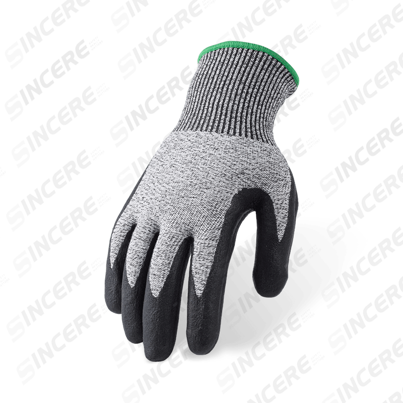 13 Gauge ANSI A4 Cut Resistant Gloves with Black Nitrile Micro-Foam Palm and Waffle Grid Texture — Enhanced Grip