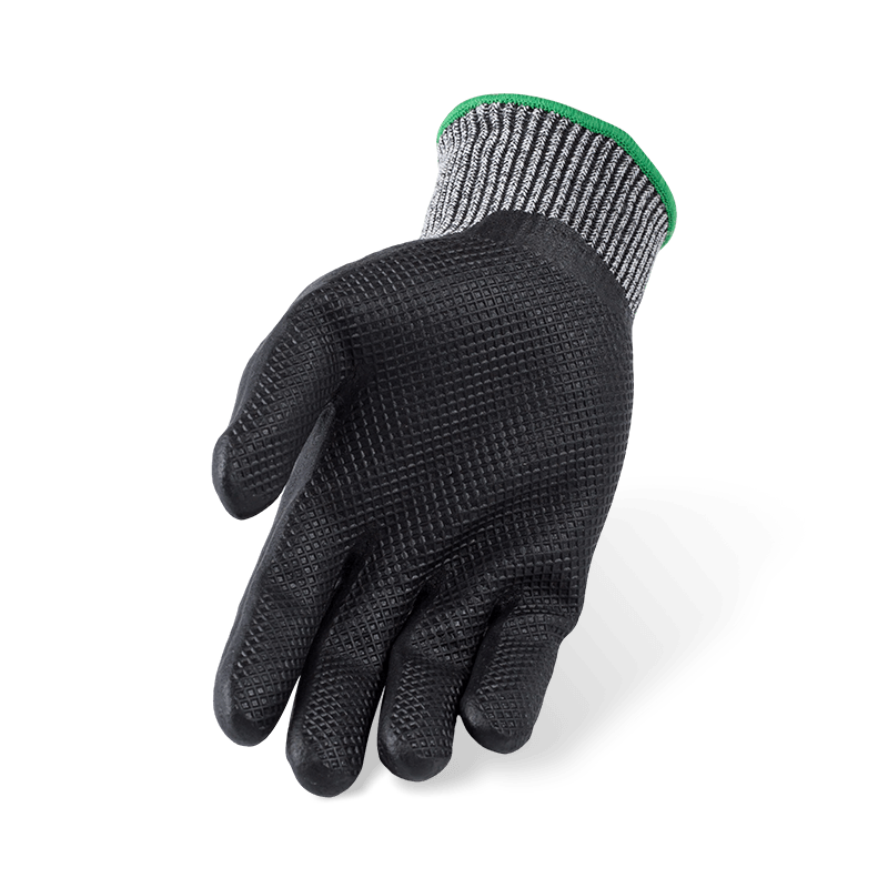 13 Gauge ANSI A4 Cut Resistant Gloves with Black Nitrile Micro-Foam Palm and Waffle Grid Texture — Enhanced Grip