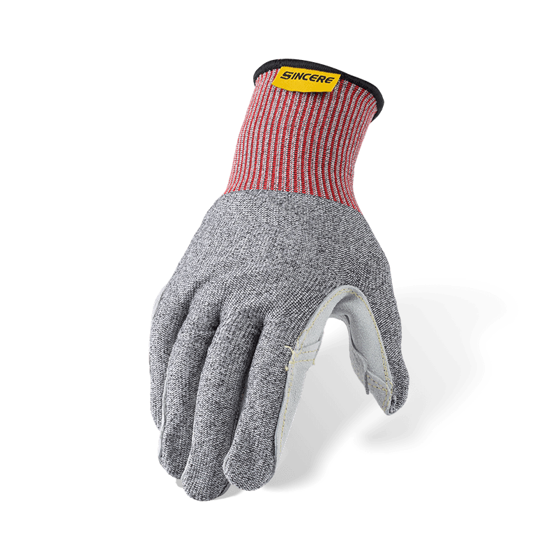 13 Gauge ANSI A6 Cut Resistant Gloves with Leather Palm (Full-Grain/Split) and Reinforced Thumb Crotch — Heavy Duty Leather Cut Protection