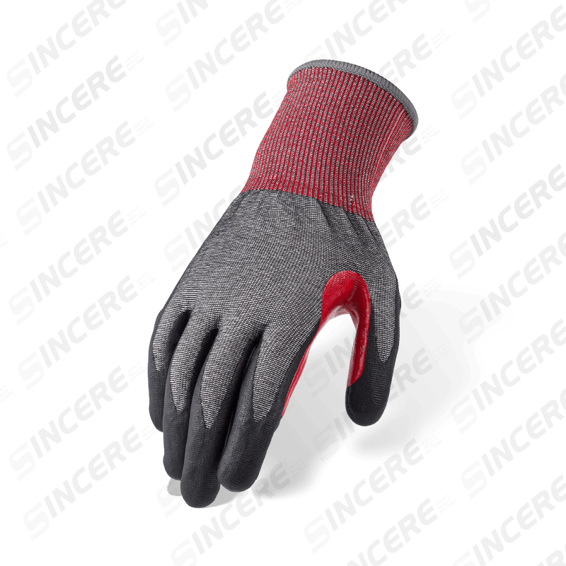 18 Gauge ANSI A5 Cut Resistant Gloves with Black Nitrile Micro-Foam Palm and Red Extended Reinforced Thumb Crotch