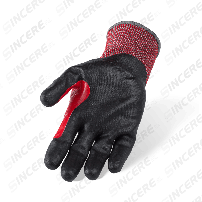 18 Gauge ANSI A5 Cut Resistant Gloves with Black Nitrile Micro-Foam Palm and Red Extended Reinforced Thumb Crotch 18 Gauge ANSI A5 Cut Resistant Gloves with Black Nitrile Micro-Foam Palm and Red Extended Reinforced Thumb Crotch