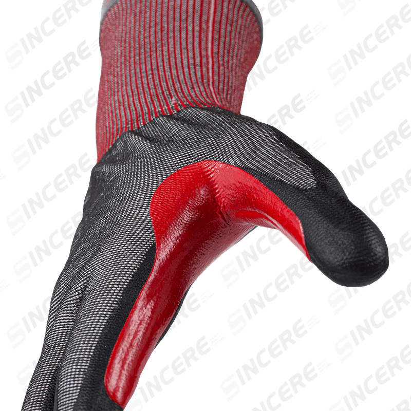 18 Gauge ANSI A5 Cut Resistant Gloves with Black Nitrile Micro-Foam Palm and Red Extended Reinforced Thumb Crotch 18 Gauge ANSI A5 Cut Resistant Gloves with Black Nitrile Micro-Foam Palm and Red Extended Reinforced Thumb Crotch